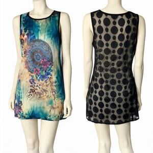 Bacci Colorful Print Mini Dress Sleeveless Sheer Mesh Back Boho Medium